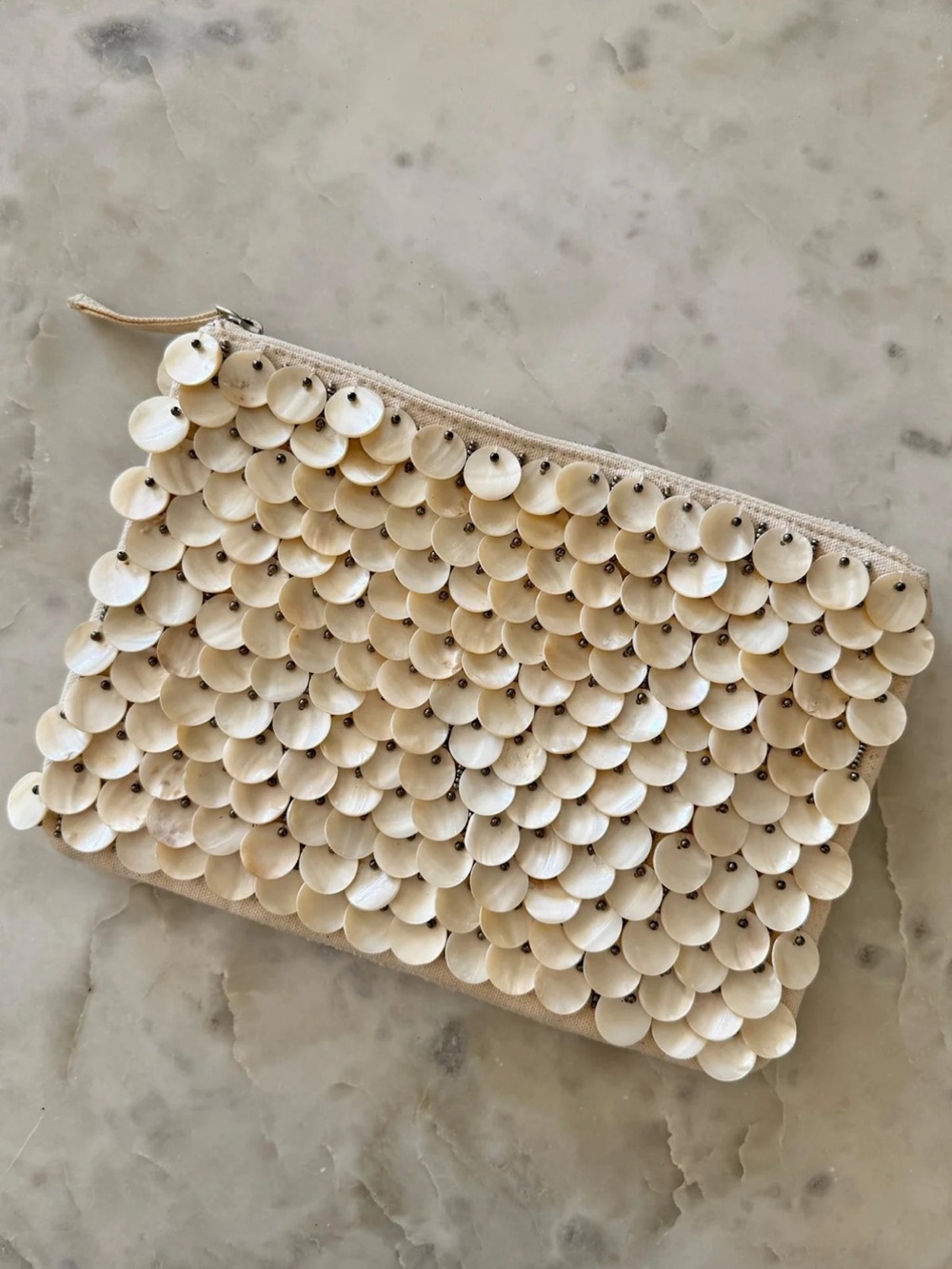 Luxe Ivory Morher of Pearl sea Shell Sequin Zipper Clutch bag